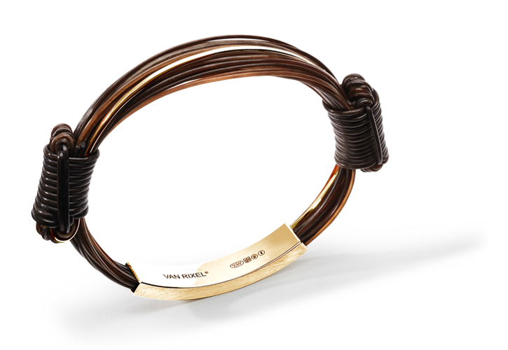 Een luxe, High End 18 kt Geelgouden heren- of dames-armband, handgemaakt met exclusief bruin Olifantenhaar en schuifknopen - Large
